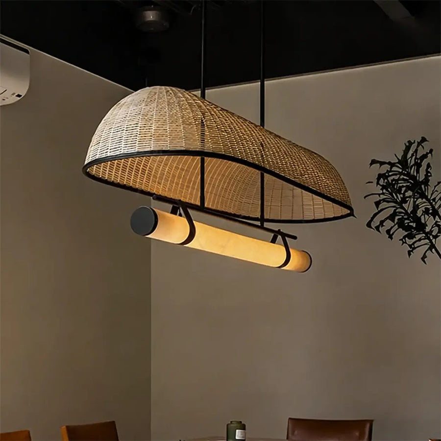 Wabi-Sabi Rustic Woven Rattan Linear Island Chandelier