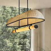 Wabi-Sabi Rustic Woven Rattan Linear Island Chandelier