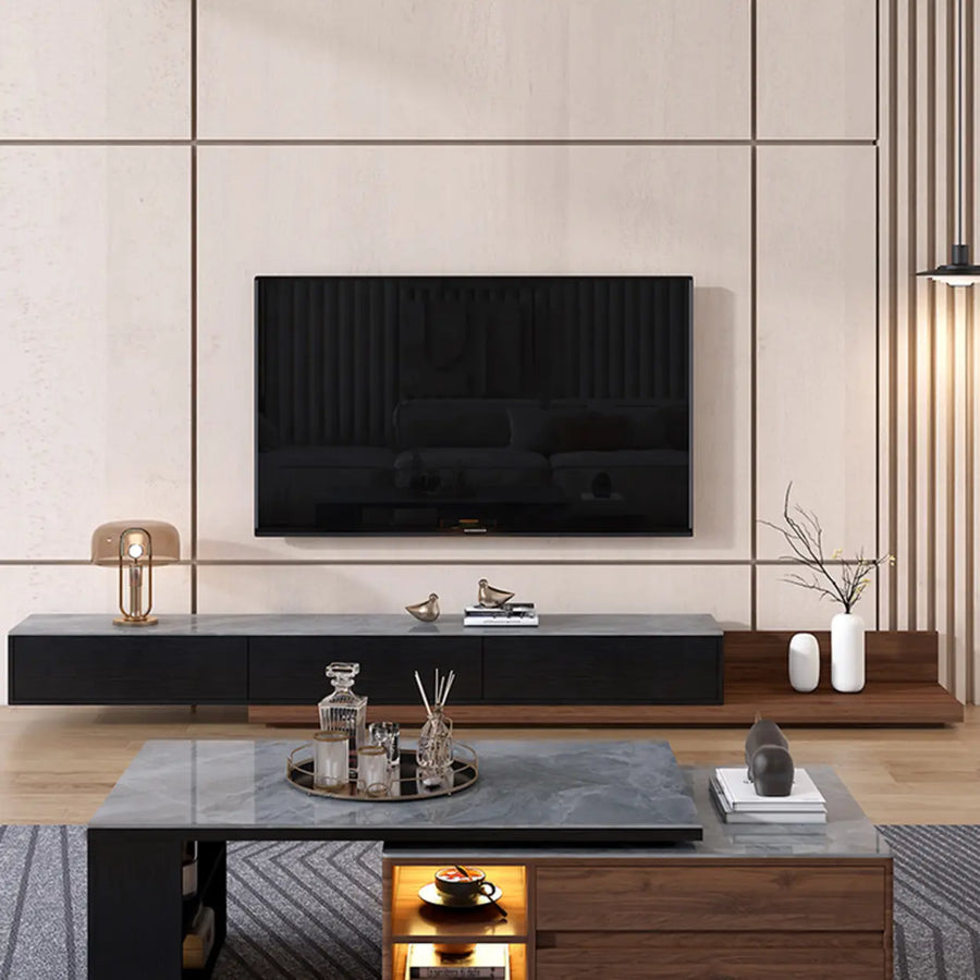 Walnut-Black Stone Rectangle Long TV Stand with Drawers