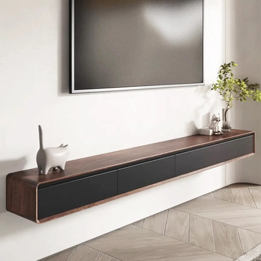 Walnut-Black Wooden Drawers Floating Mount TV Stand