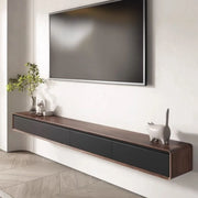 Walnut-Black Wooden Drawers Floating Mount TV Stand