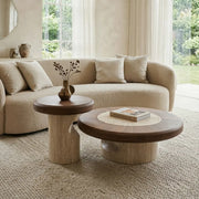 Walnut Round Coffee Table Set with Stone Base 2 Piece