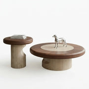 Walnut Round Coffee Table Set with Stone Base 2 Piece