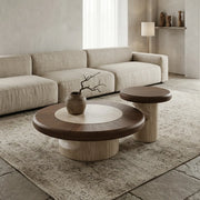 Walnut Round Coffee Table Set with Stone Base 2 Piece