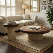 Walnut Round Coffee Table Set with Stone Base 2 Piece