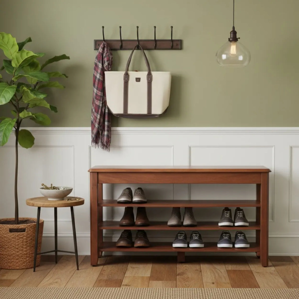 Walnut Rubber Wood Shoe Bench with Adjustable Shelves, 2 or 3 Tier