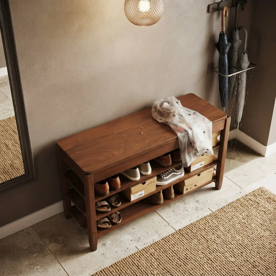 Walnut Rubber Wood Shoe Storage Bench with Adjustable Shelves