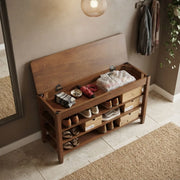 Walnut Rubber Wood Shoe Storage Bench with Adjustable Shelves