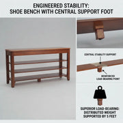 Walnut Rubber Wood Shoe Storage Bench with Adjustable Shelves