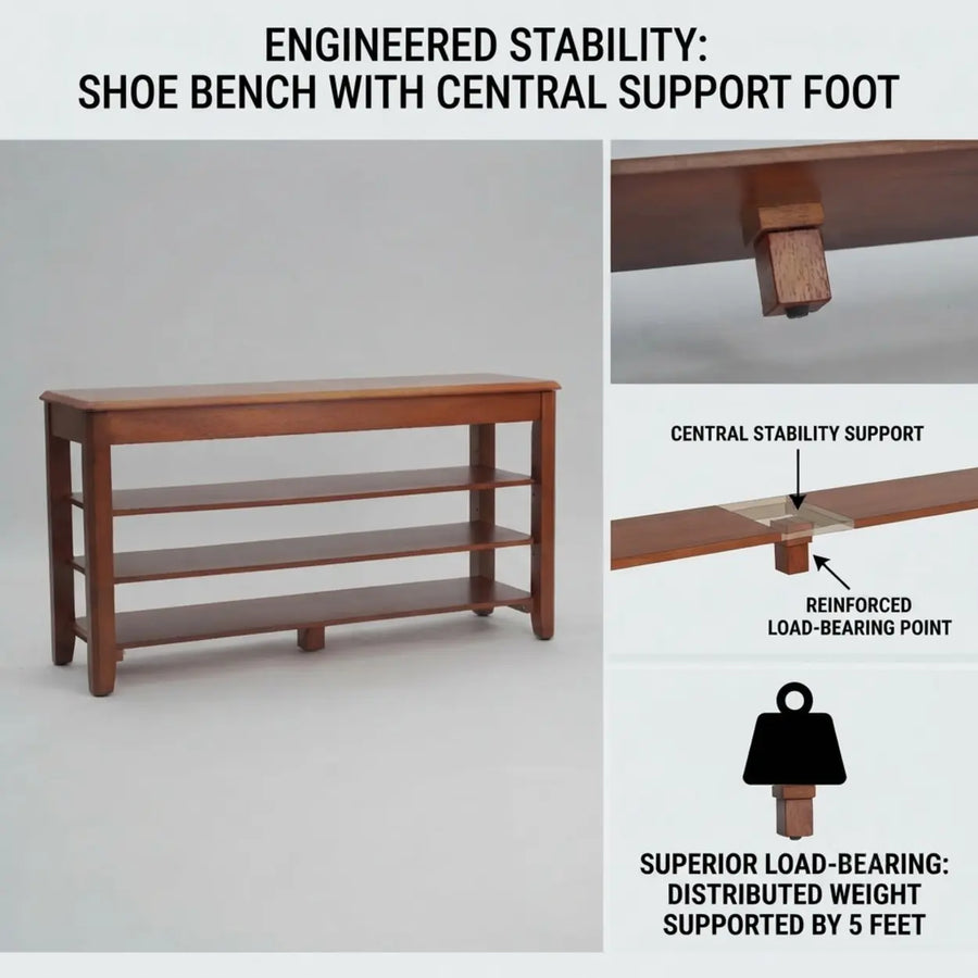 Walnut Rubber Wood Shoe Storage Bench with Adjustable Shelves