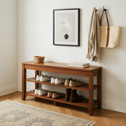 Walnut Rubber Wood Shoe Storage Bench with Adjustable Shelves