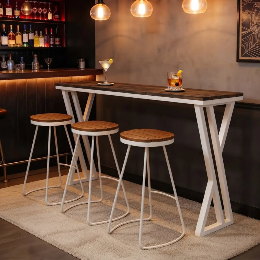 Walnut Solid Wood Rectangular Bar Table with White Metal Trestle Base