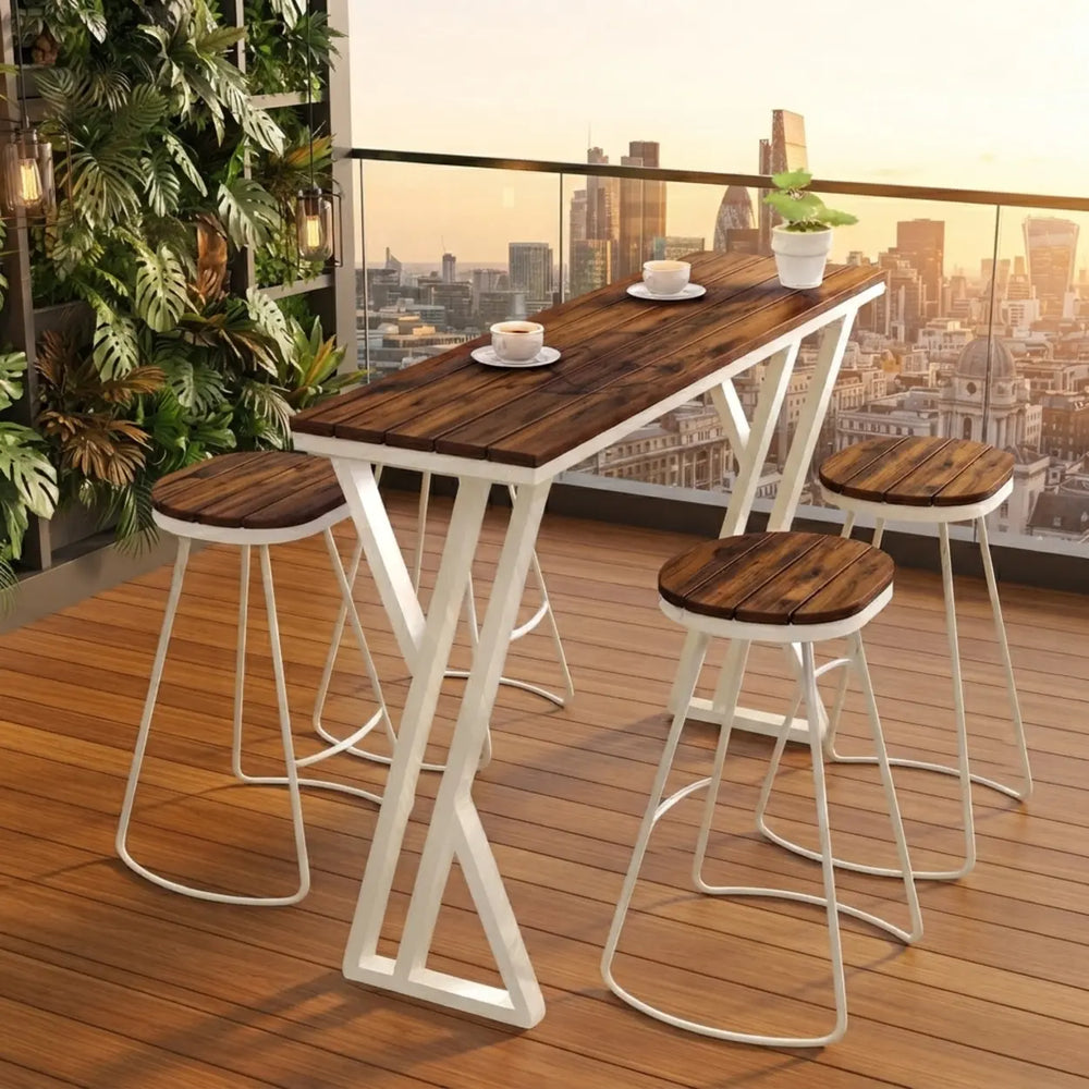 Walnut Solid Wood Rectangular Bar Table with White Metal Trestle Base
