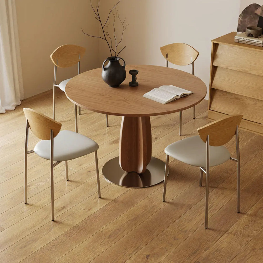 Walnut Solid Wood Round Pedestal Dining Table with Metal Base