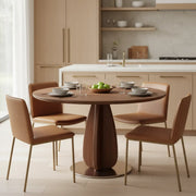 Walnut Solid Wood Round Pedestal Dining Table with Metal Base