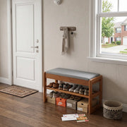 Walnut Solid Wood Shoe Storage Bench with Lift-Top Cushioned Seat