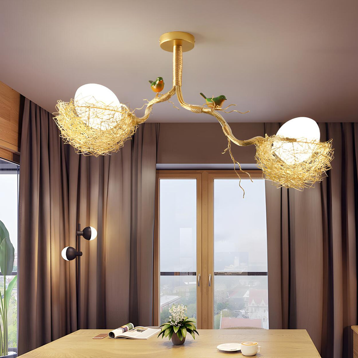 Whimsical Nature Bird Nest White Glass Ball Chandelier