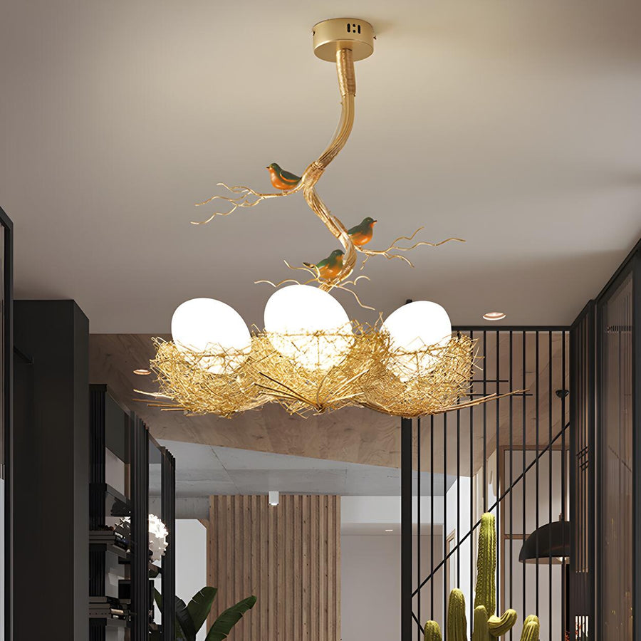 Whimsical Nature Bird Nest White Glass Ball Chandelier