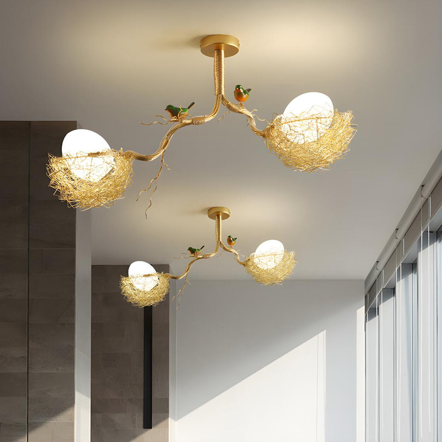 Whimsical Nature Bird Nest White Glass Ball Chandelier