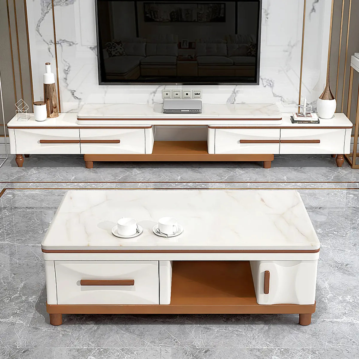 White Faux Marble Drawers Rectangle Long TV Stand