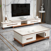 White Faux Marble Drawers Rectangle Long TV Stand