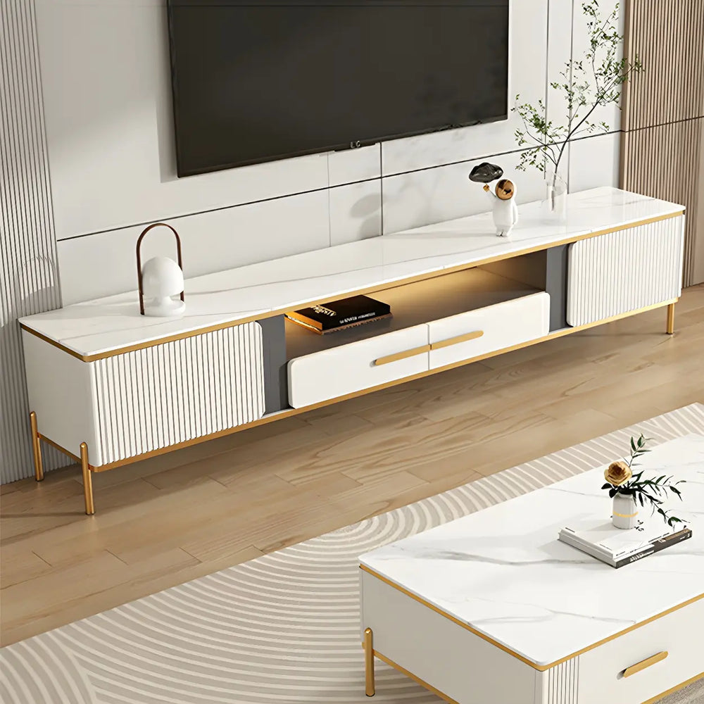 White Glass Open Storage Drawers TV Stand with Legs
