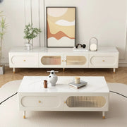 White Stone Drawers Shelves Long Rectangle TV Stand