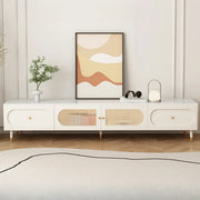 White Stone Drawers Shelves Long Rectangle TV Stand