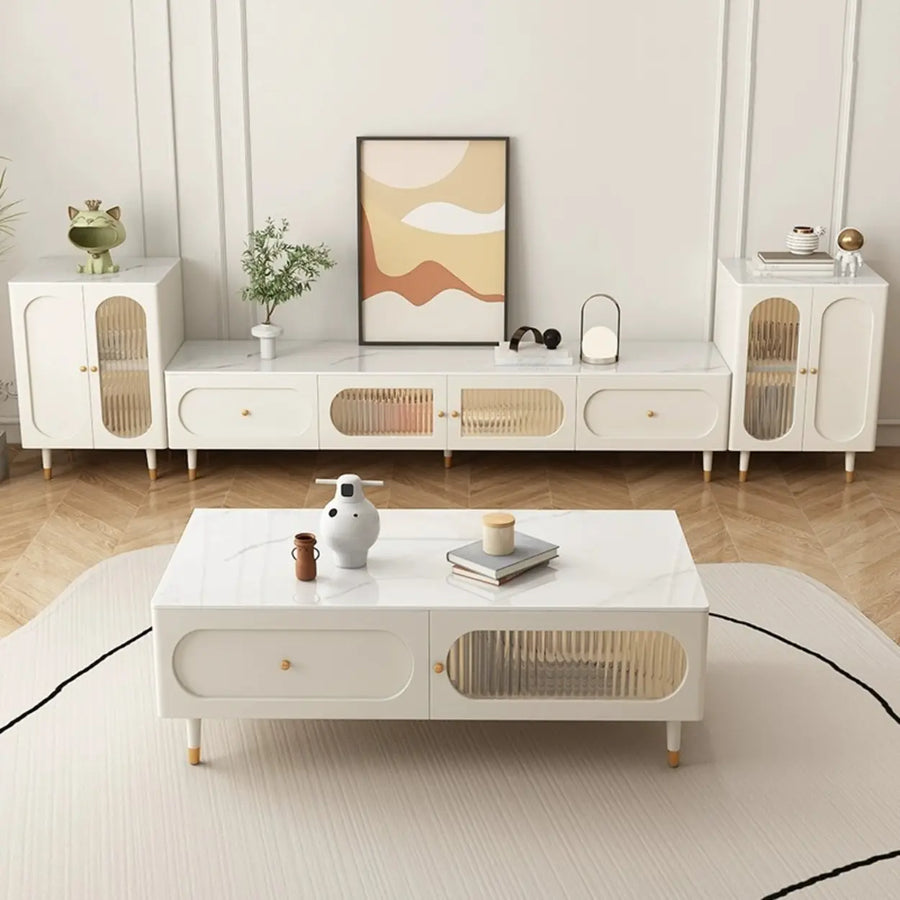 White Stone Drawers Shelves Long Rectangle TV Stand