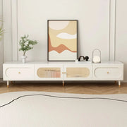 White Stone Drawers Shelves Long Rectangle TV Stand