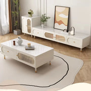 White Stone Drawers Shelves Long Rectangle TV Stand