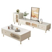 White Stone Drawers Shelves Long Rectangle TV Stand