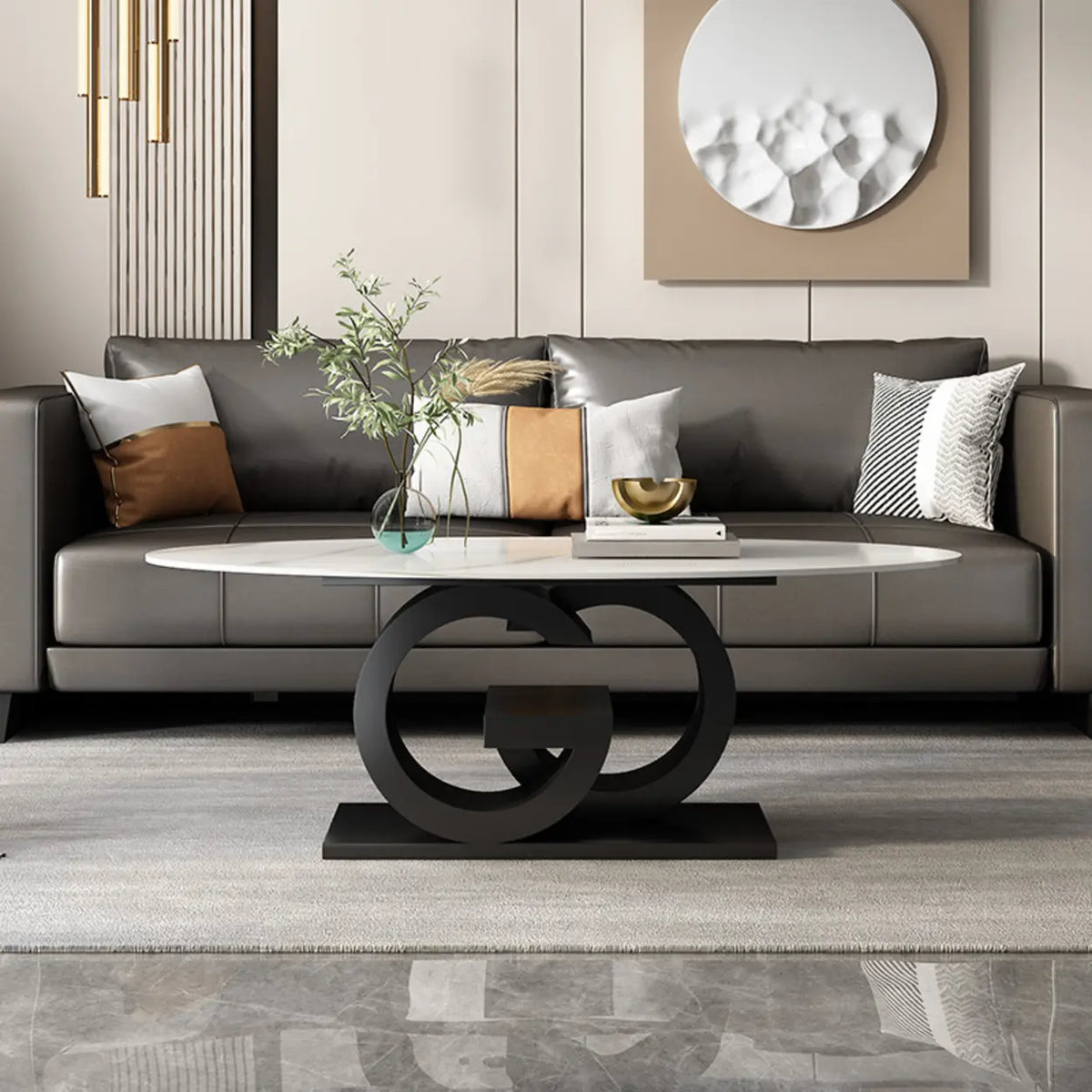 White Stone Oval Abstract Steel Base Coffee Table