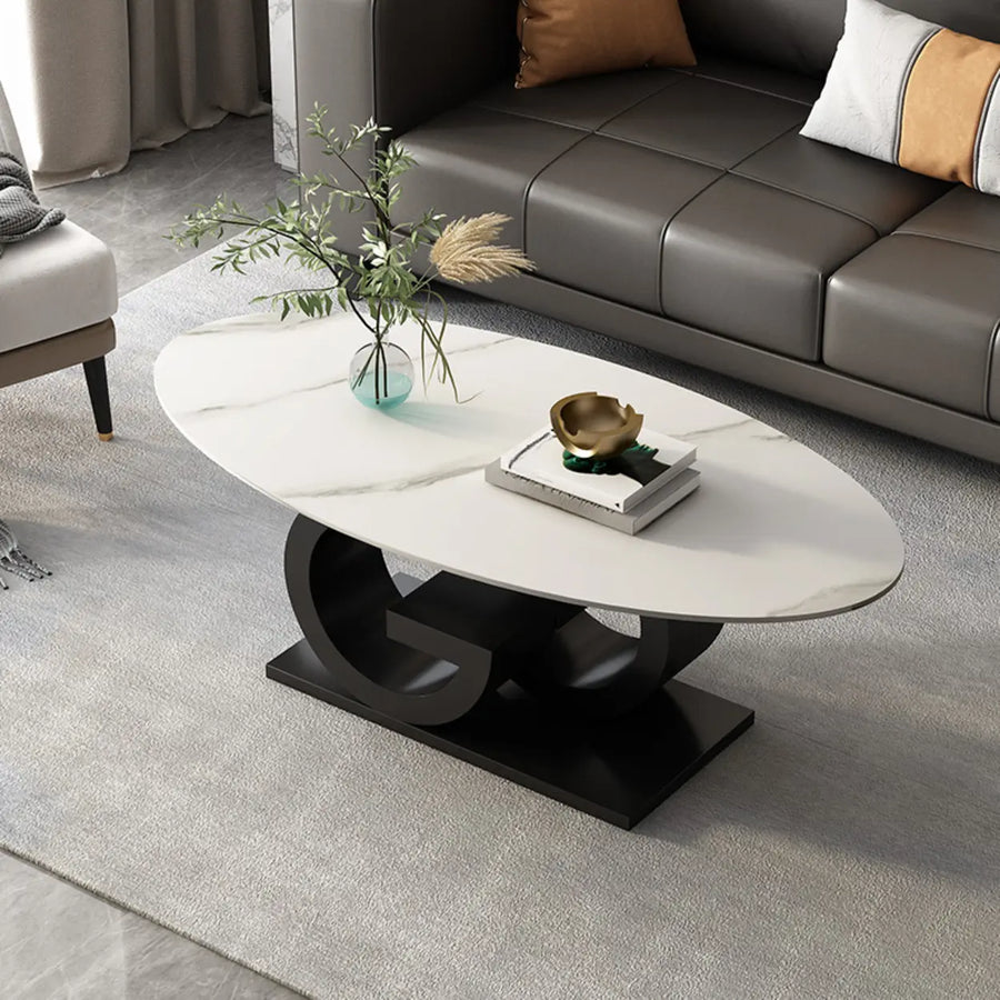 White Stone Oval Abstract Steel Base Coffee Table