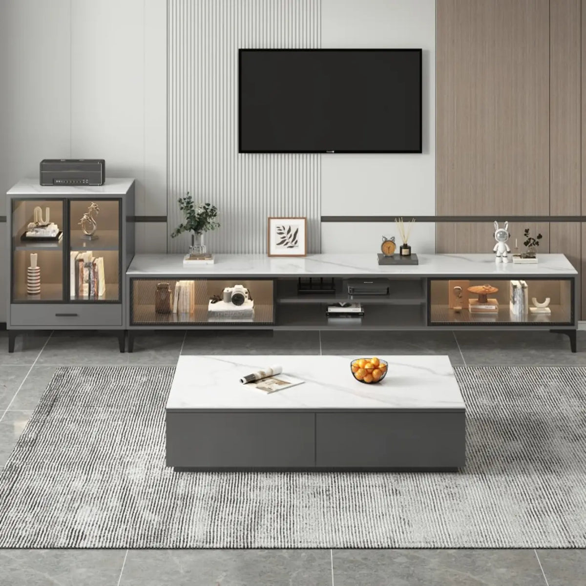 White Stone Rectangle Open Storage Shelves TV Stand