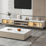 White Stone Rectangle Open Storage Shelves TV Stand
