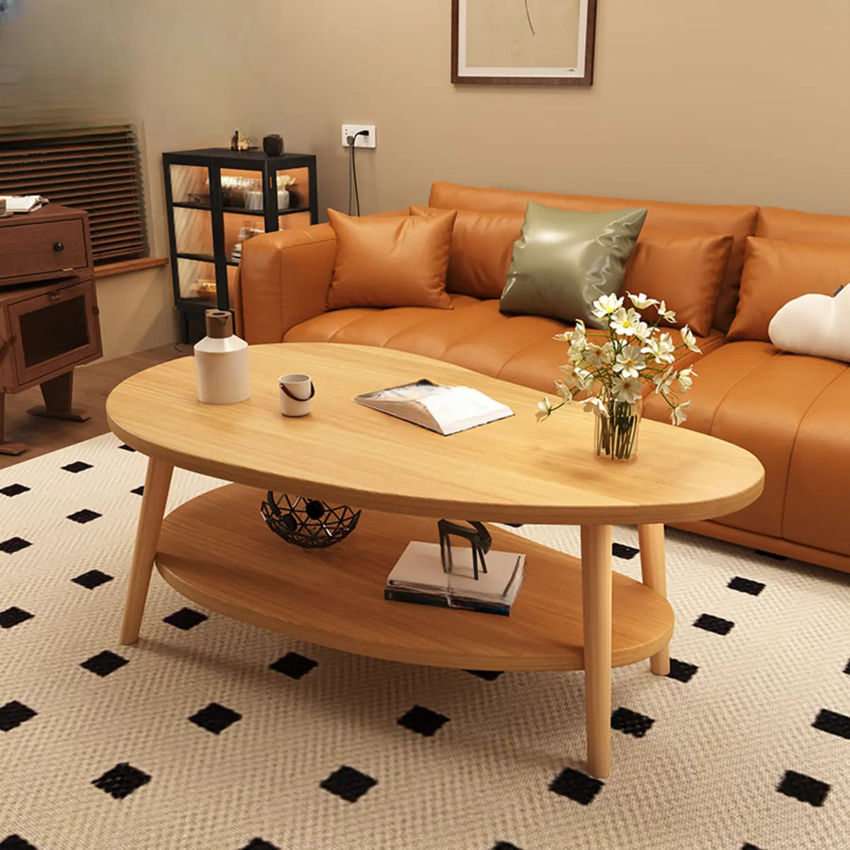 White Wooden Free Form Coffee Table with Shelf