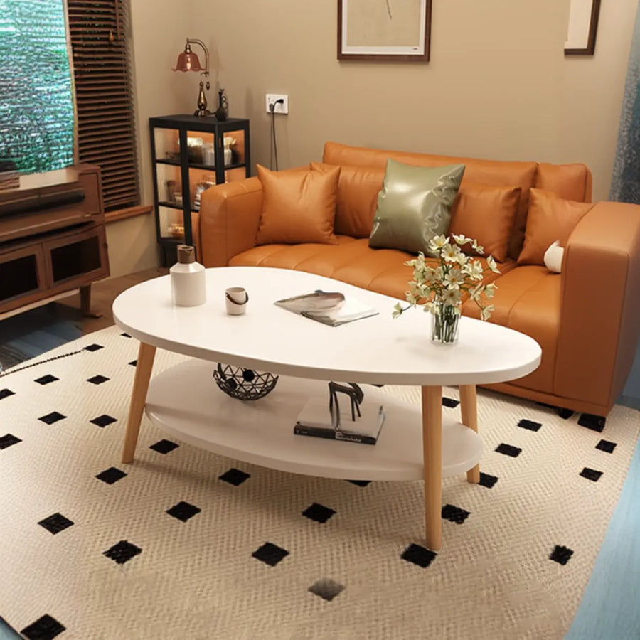 White Wooden Free Form Coffee Table with Shelf