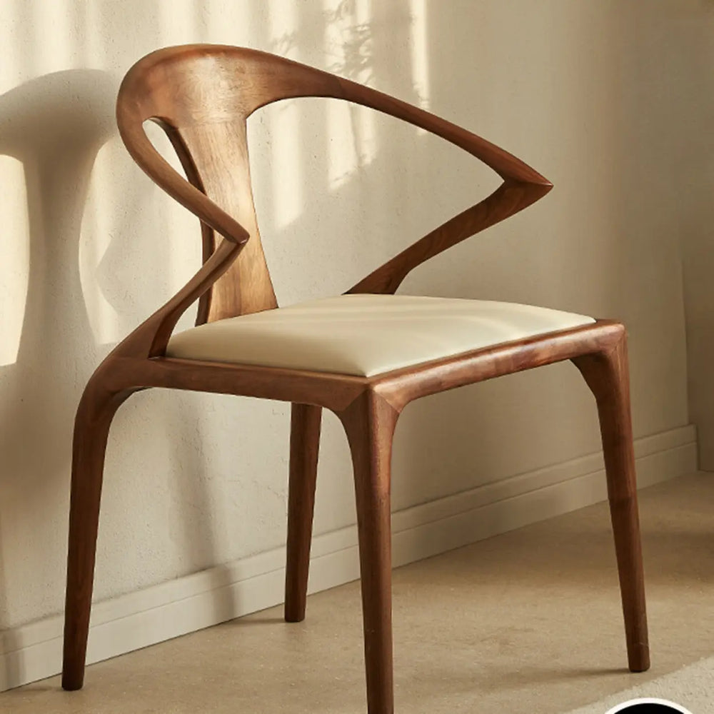 Wood Curved Open Slat Back Leather Dining Chair Brown
