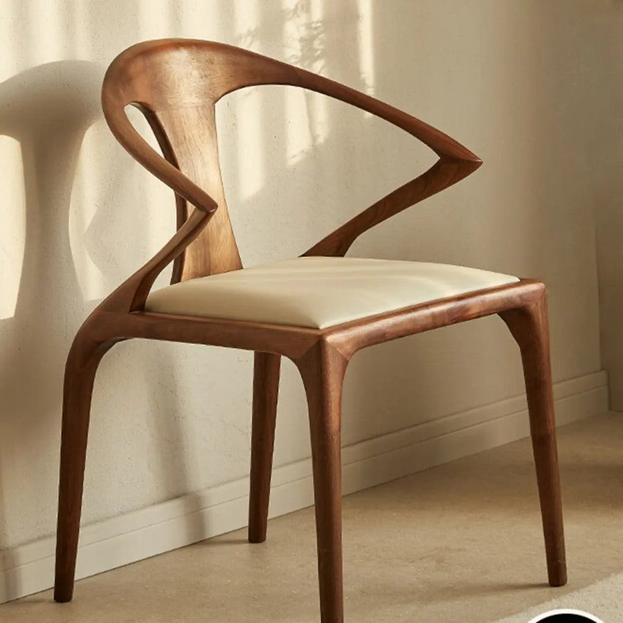 Wood Curved Open Slat Back Leather Dining Chair Brown