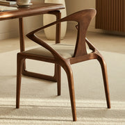 Wood Curved Open Slat Back Leather Dining Chair Brown