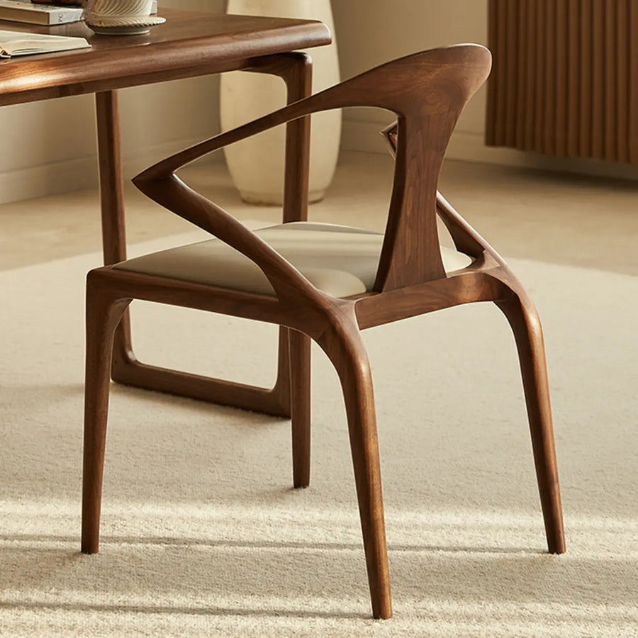 Wood Curved Open Slat Back Leather Dining Chair Brown