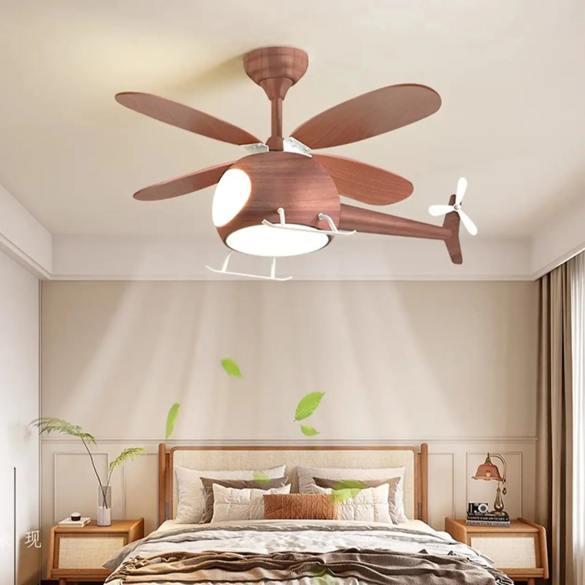 Wooden Helicopter Kids Ceiling Fan Light with Eye-Care