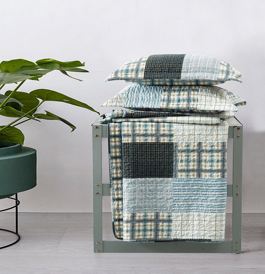 Zoe Reversible Blue Printed Patchwork Bed Quilt Set